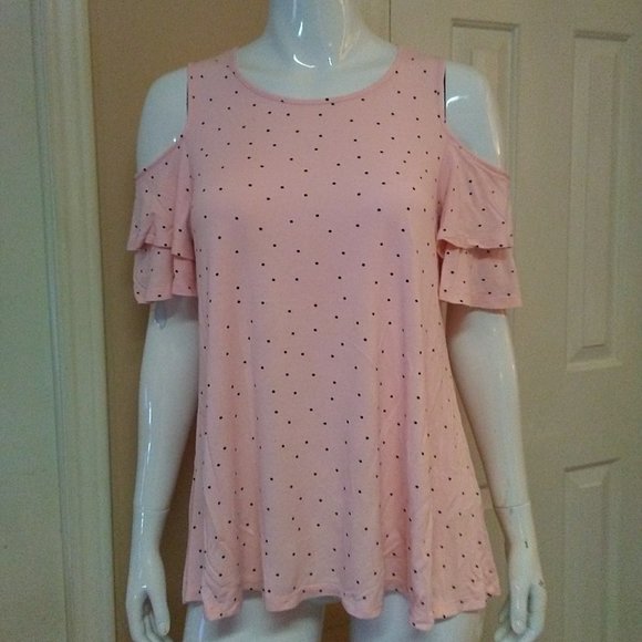 Elle Tops - Elle Peach Polka Dot Cold Shoulder Blouse